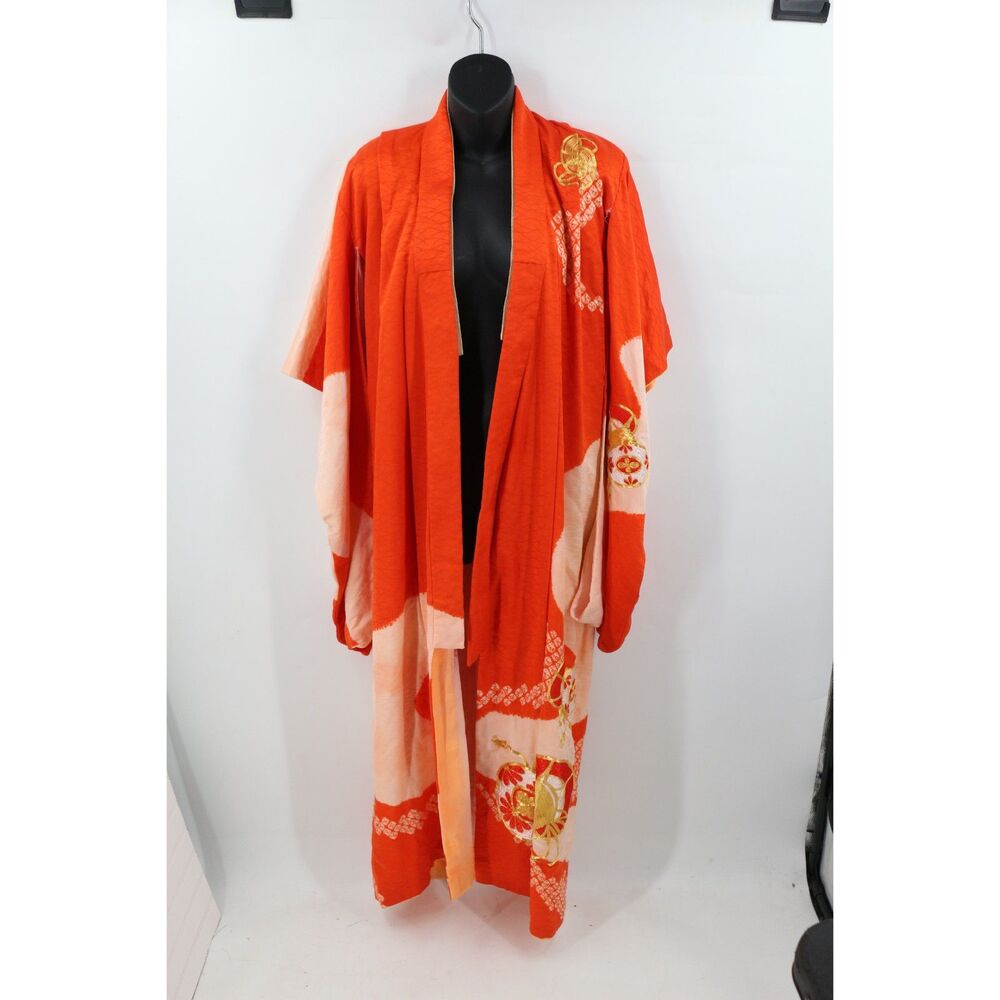 Vintage 1990's Silk Japanese Shibori Kimono Orange Lined Embroidered